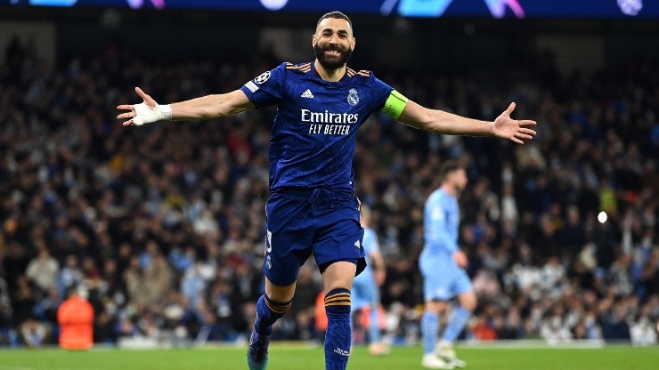 Benzema celebrating one of his goals in Manchester.