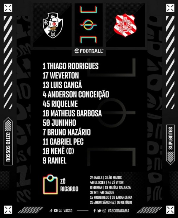 Escalação oficial do Vasco
