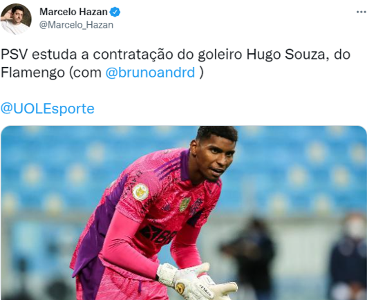Hugo Souza pode pintar no PSV, da Holanda (Foto: Reprodução/Twitter)